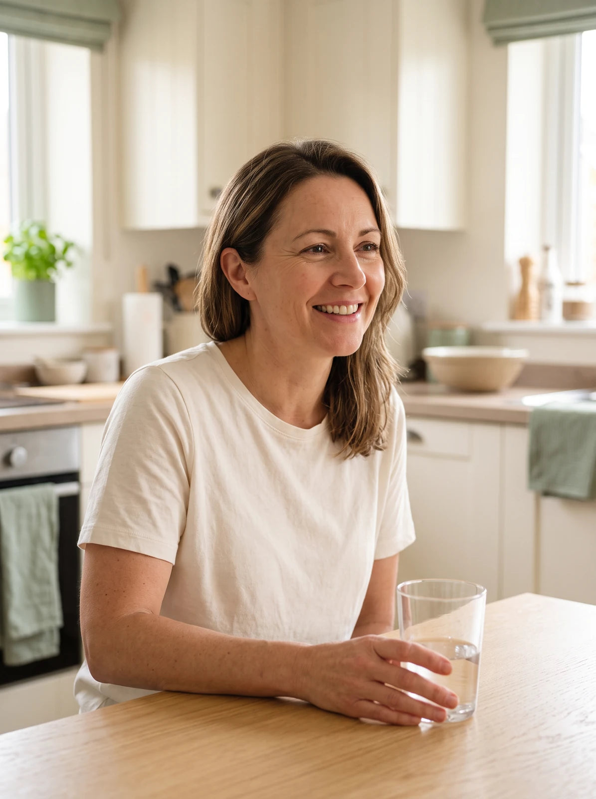 Woman sitting with a glass of water as part of a daily mealtime routine