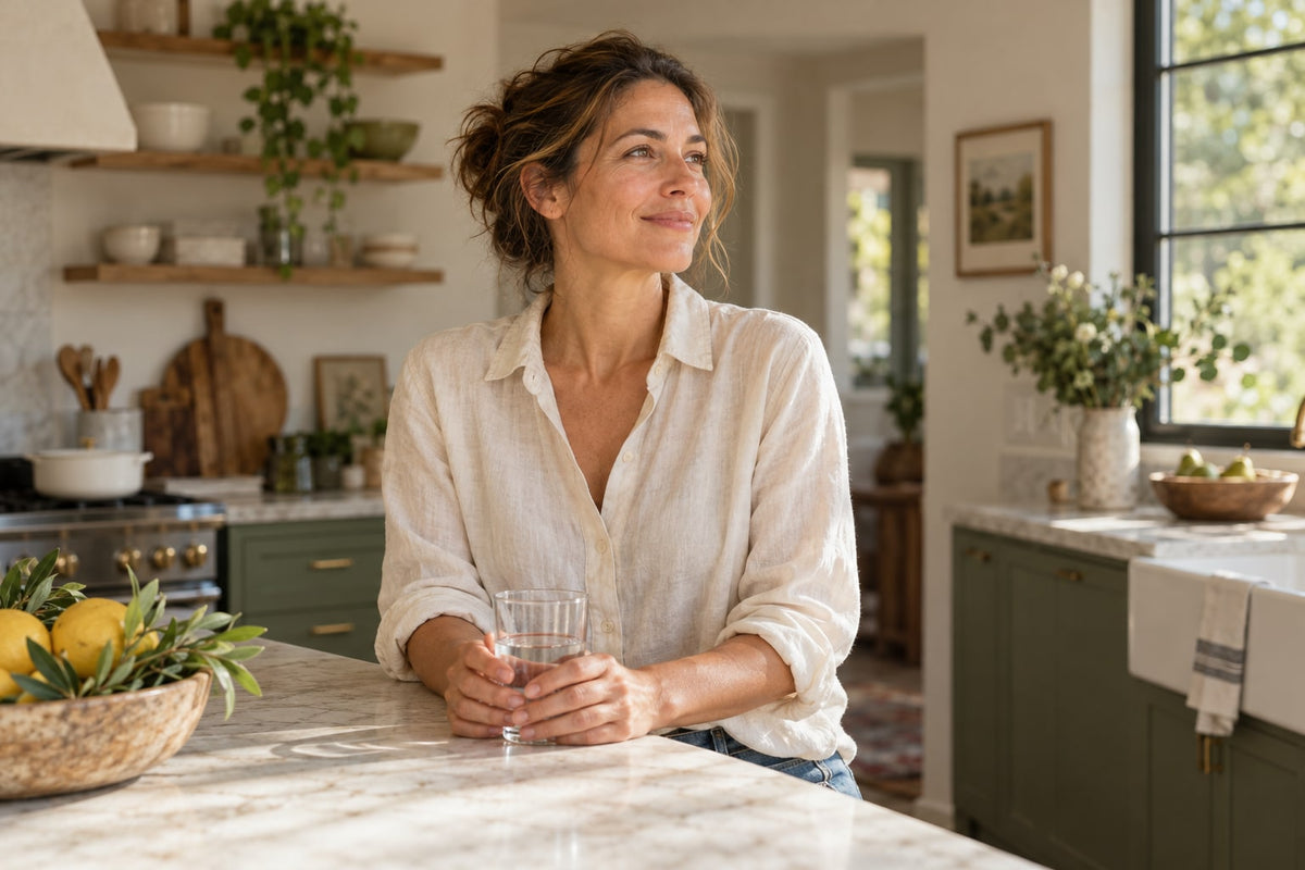 Woman enjoying a quiet morning in a sunlit kitchen