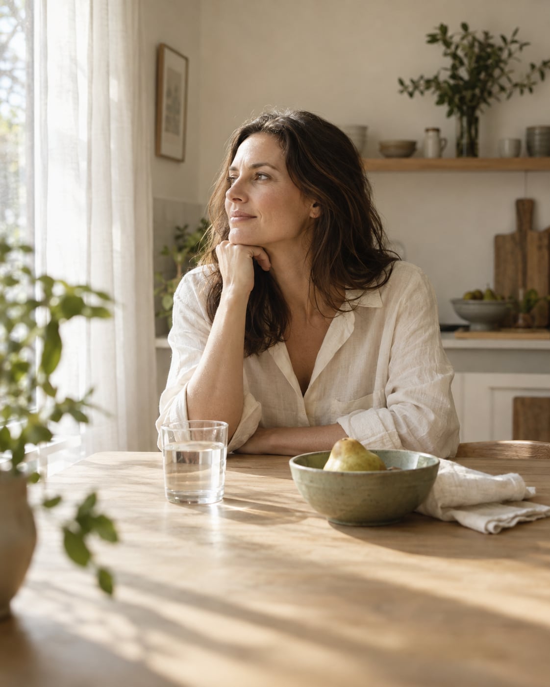 A woman at a sunlit breakfast table with a glass of water and a ceramic bowl
